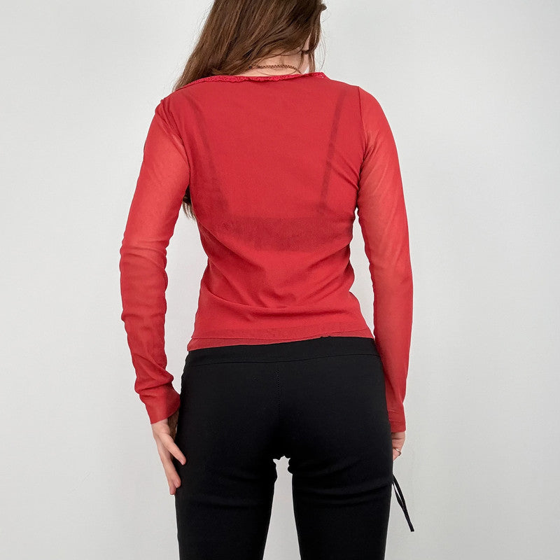 red sheer mesh layered long sleeve t-shirt