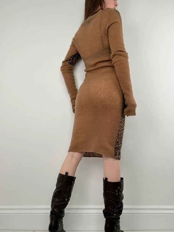 sheer knit long sleeve slouchy leopard printed dress