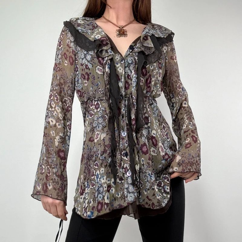 Sheer Khaki Ruffle Fairy Blouse