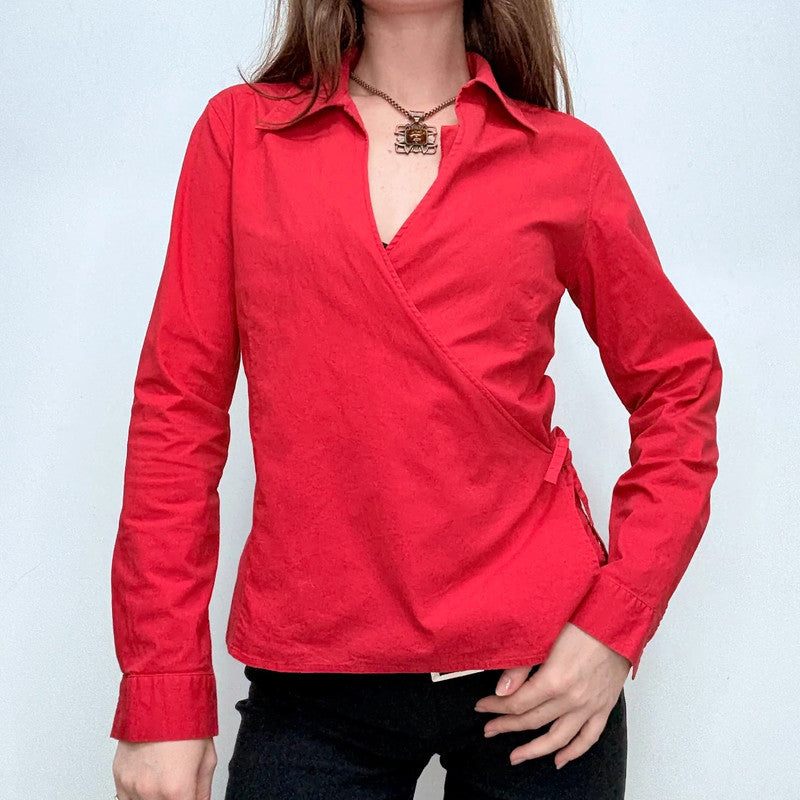 red fitted wrap shirt
