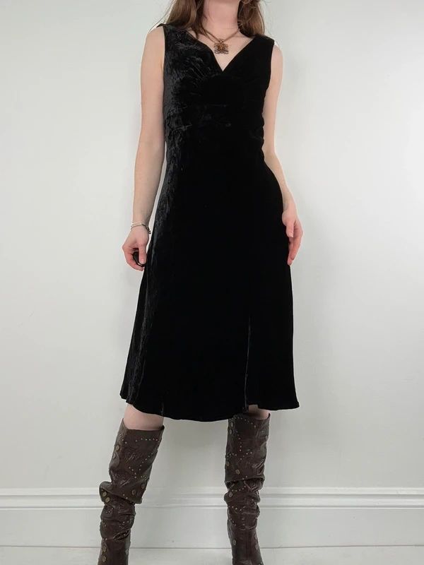 black velvet fitted flared midi dress