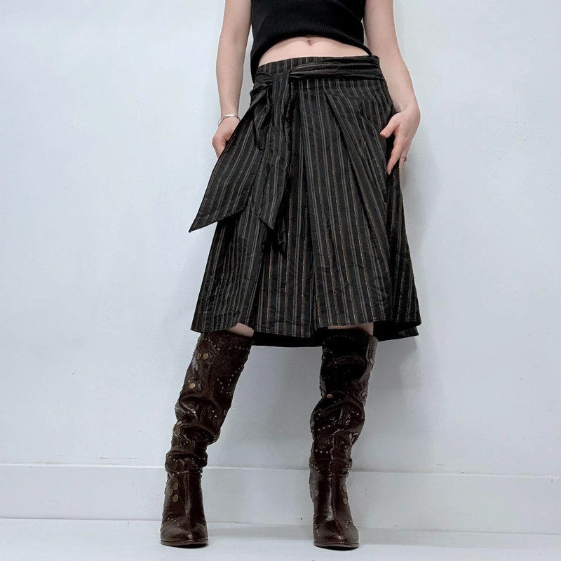 black pinstripe flared midi skirt