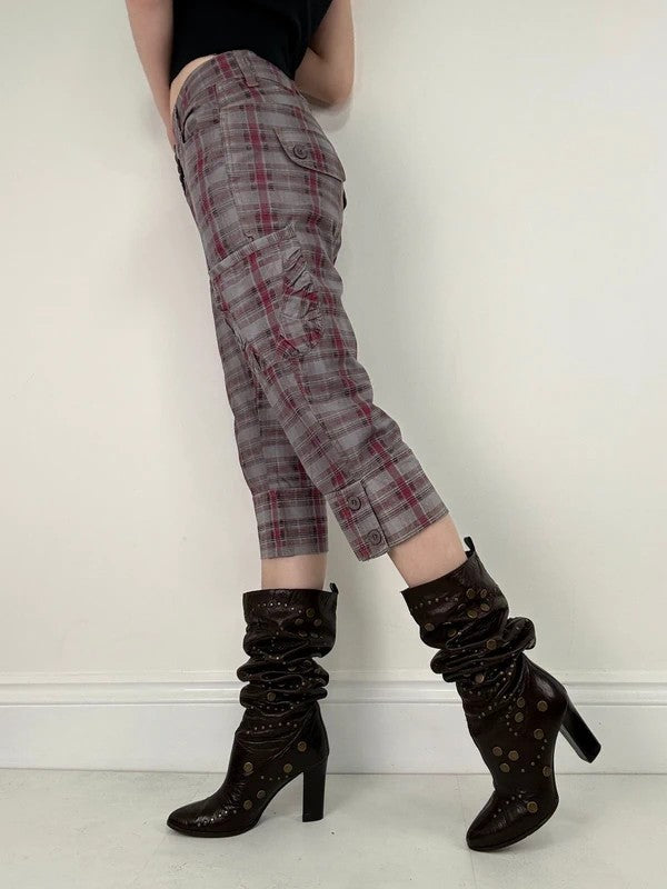 tartan checked red cargo denim capri pants