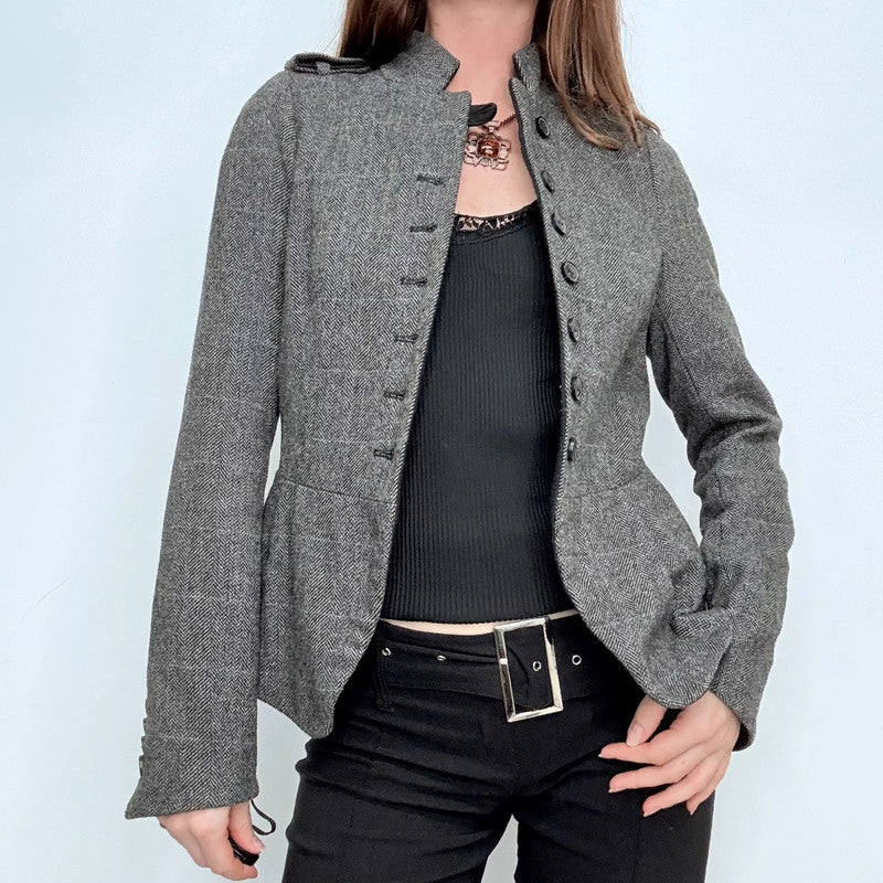 grey fitted flared high neck military jacket
