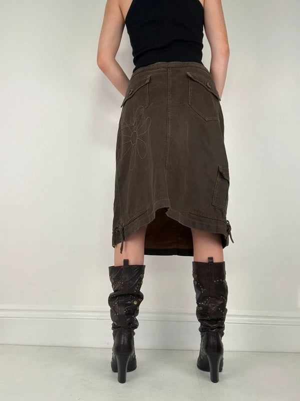 brown khaki pinstripe a-line midi skirt