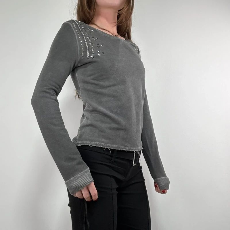 distressed cotton studded cropped sweatshirt