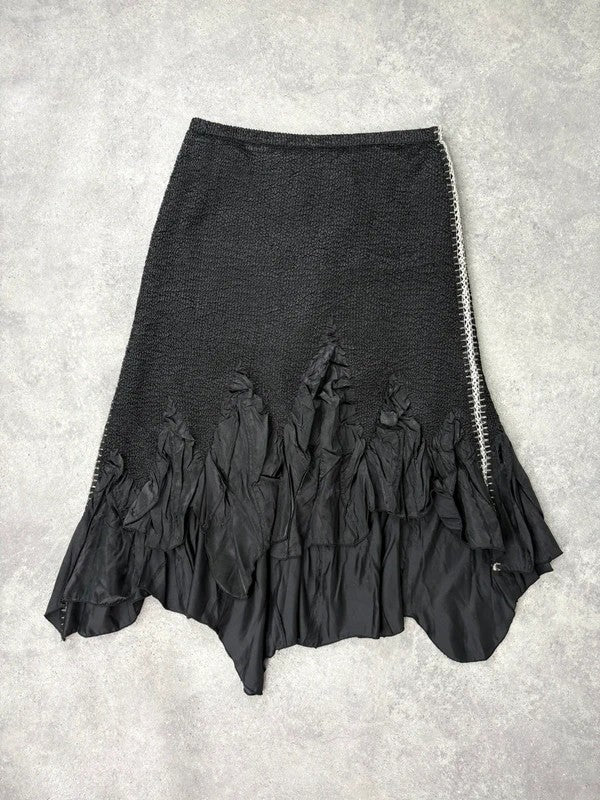 Black crinkle pleated cinched ruffle maxi skirt