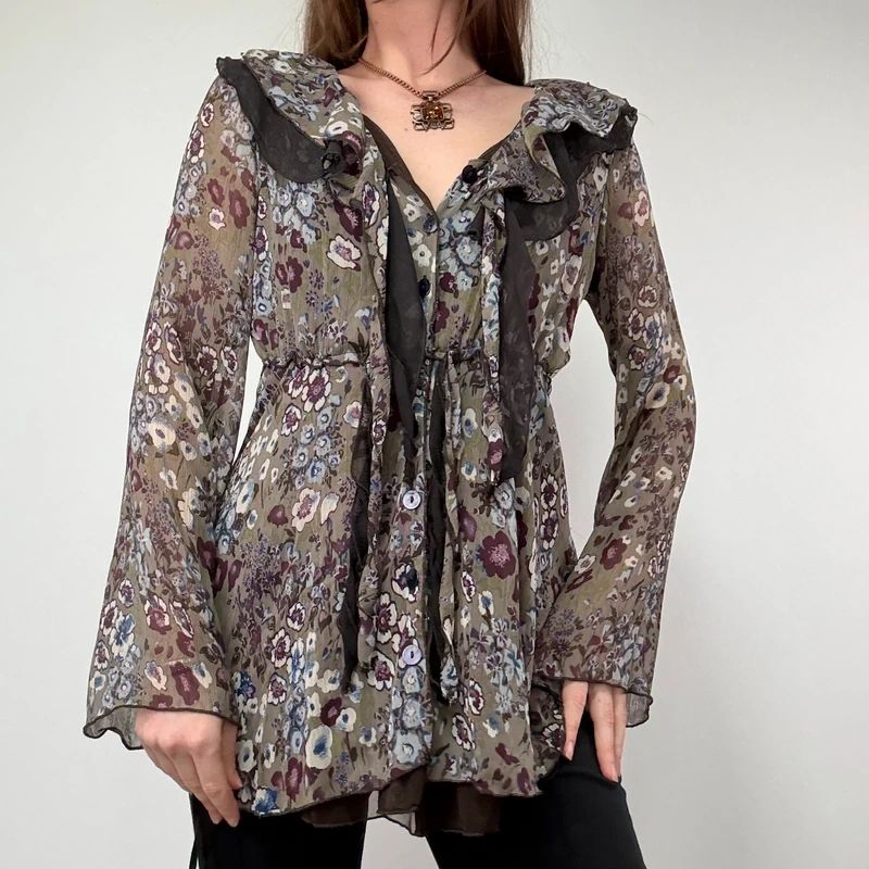Sheer Khaki Ruffle Fairy Blouse