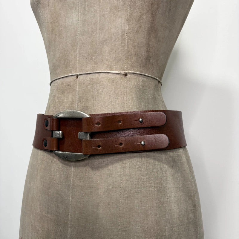 brown leather chunky buckl belt