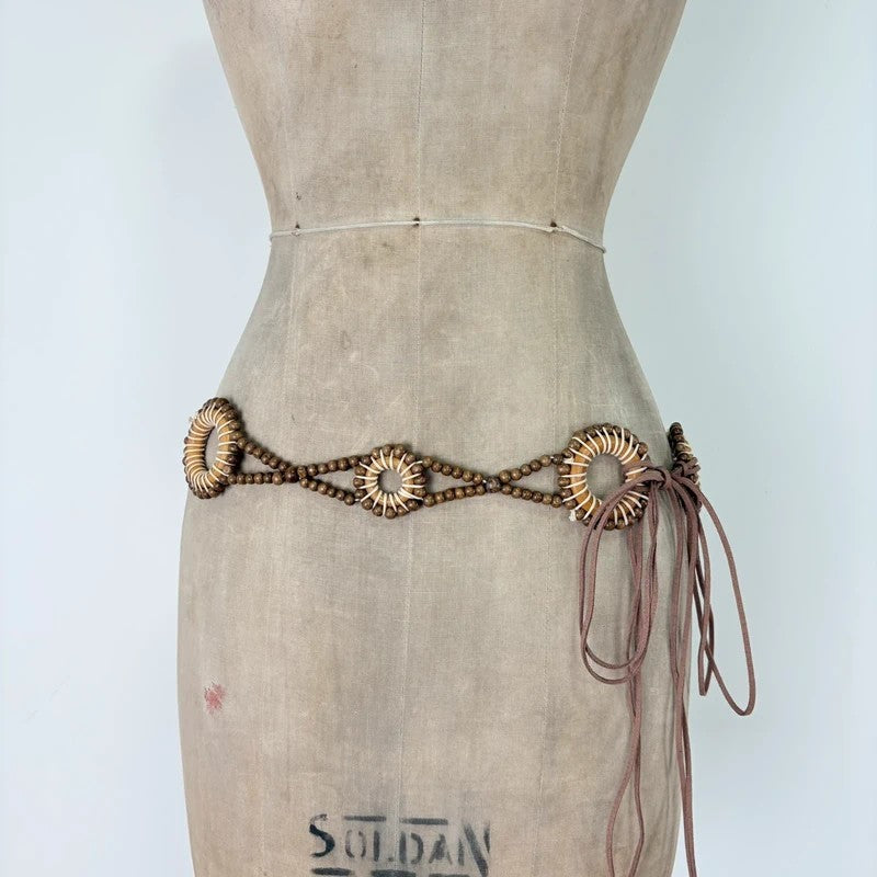 Woven beaded tie up waist belt