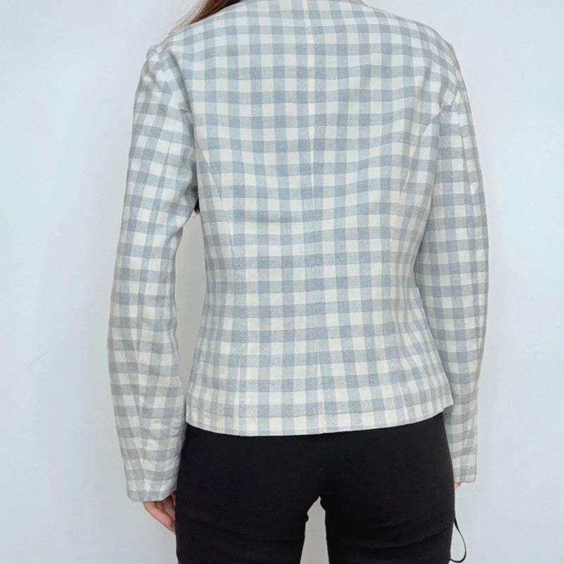 boxy blue and white gingham cropped linen zip-up jacket