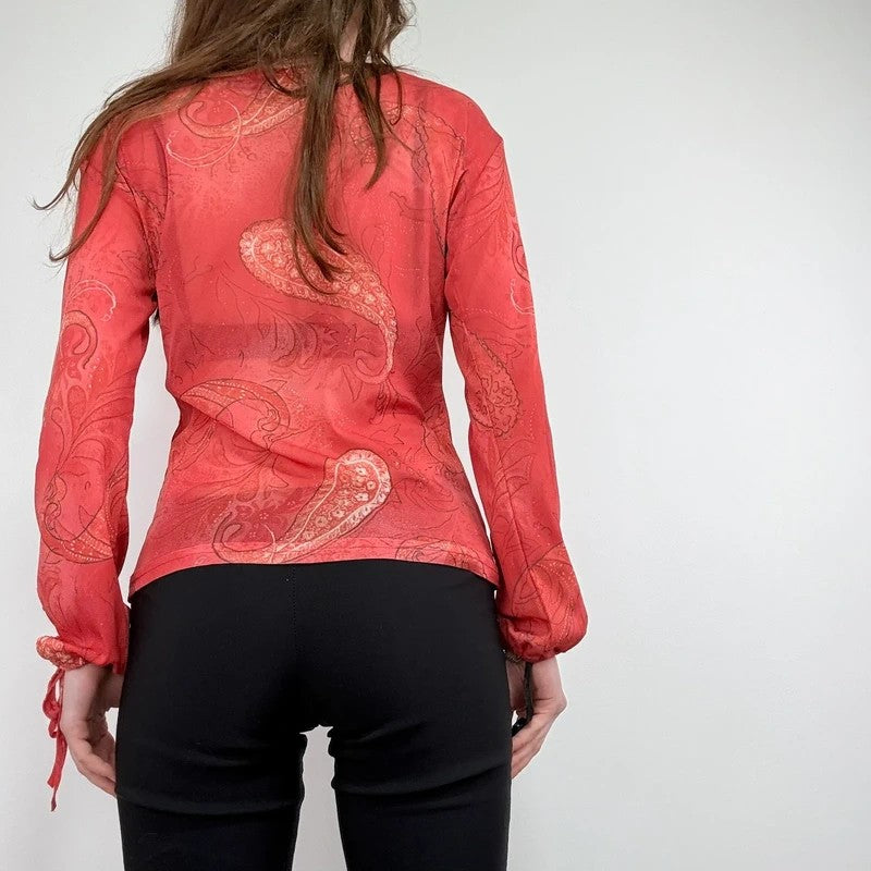 sheer paisley slouchy off-the-shoulder mesh blouse