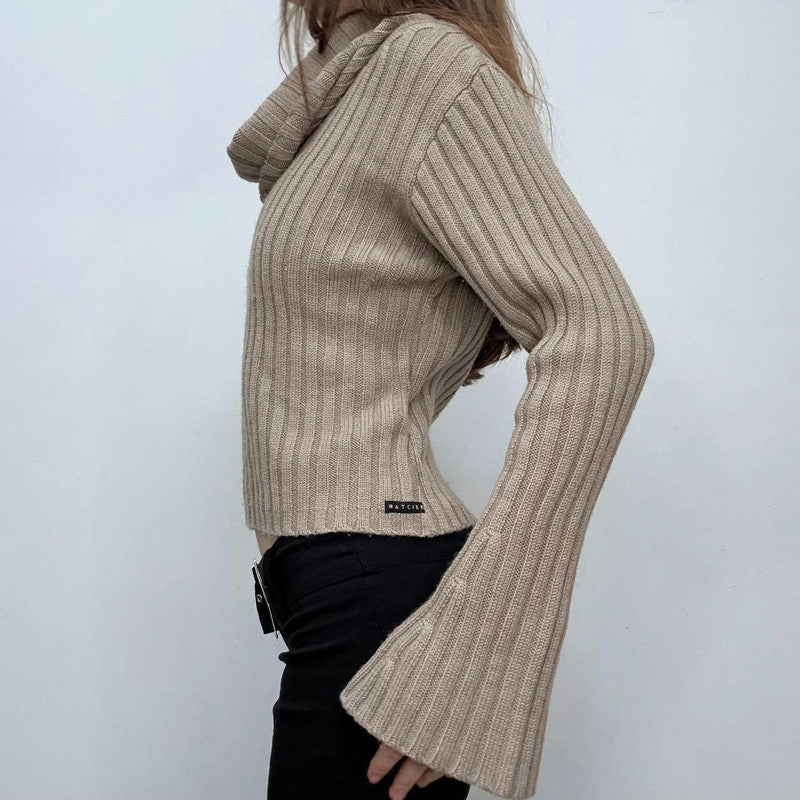 tan ribbed flared fold-over neck jumper