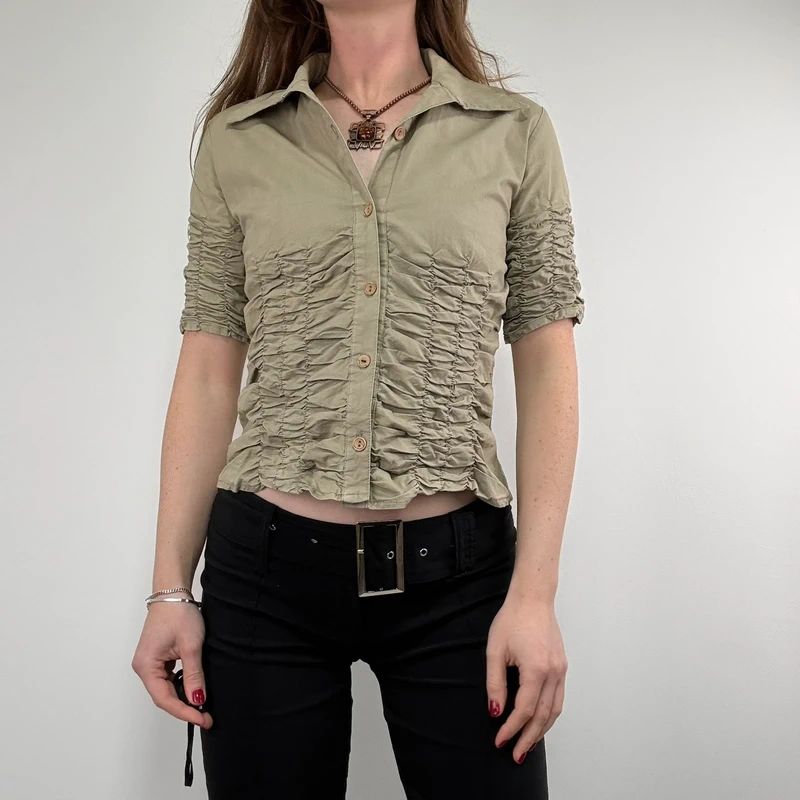 gathered khaki pleated shirt