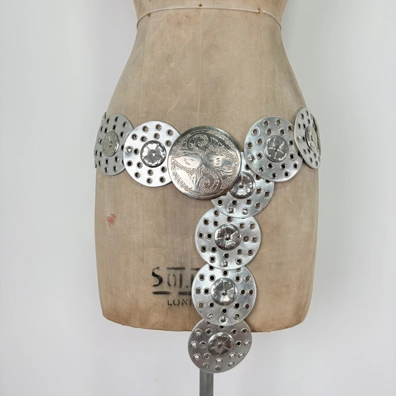 Silver leather studded circle belt