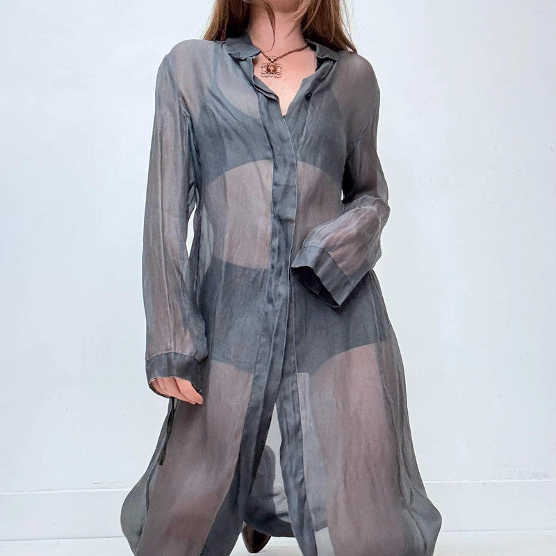 blue silk sheer long-shirt dress