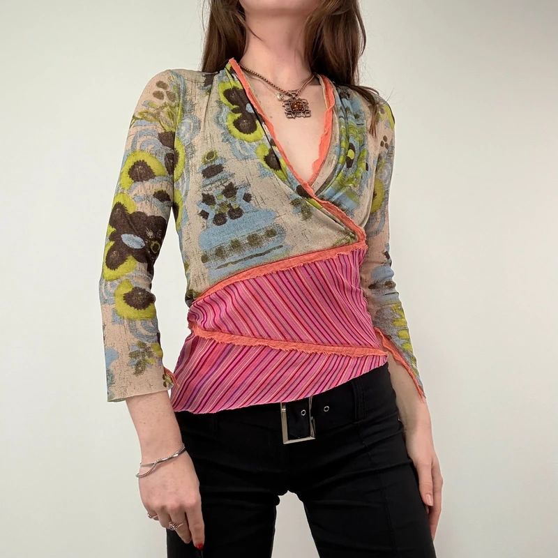 Asymmetric Printed Pinstripe Top
