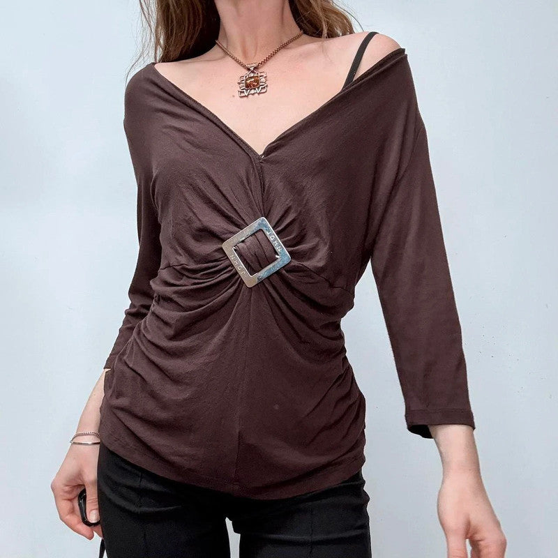 brown draped slouchy off the shoulder top
