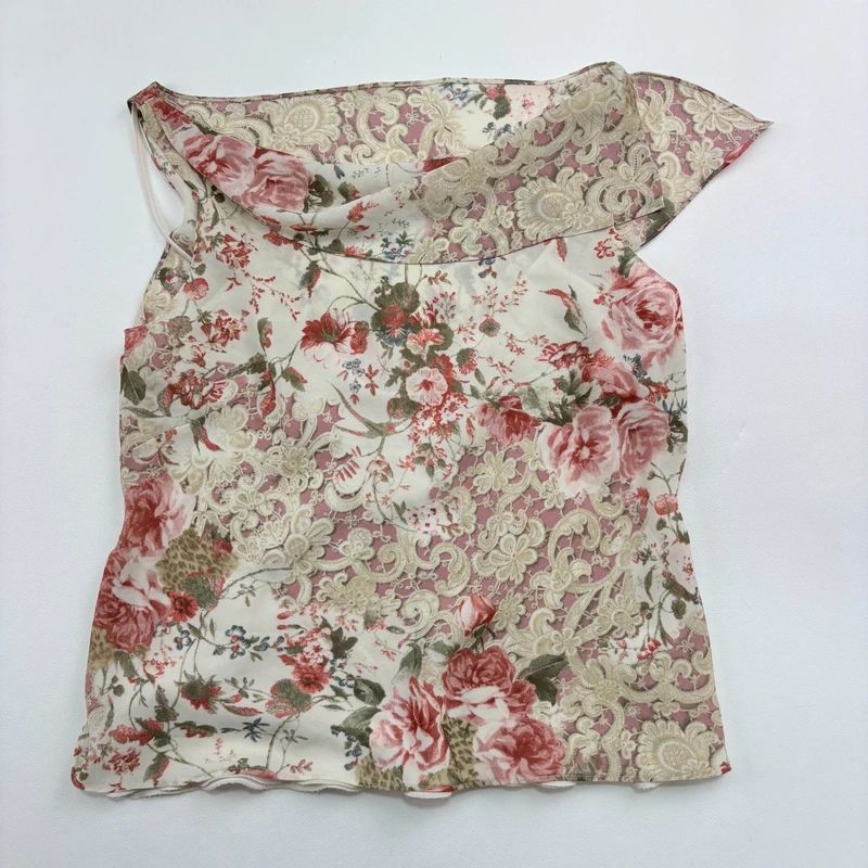 Lace Print cowl neck Drape Vest