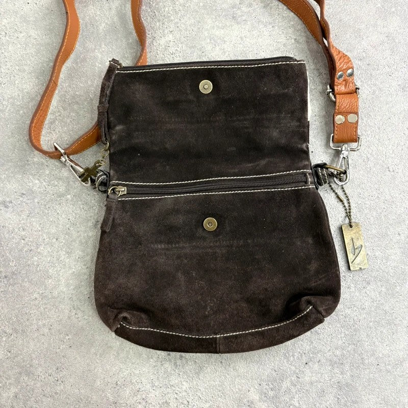 brown suede cowhide leather patchwork bag