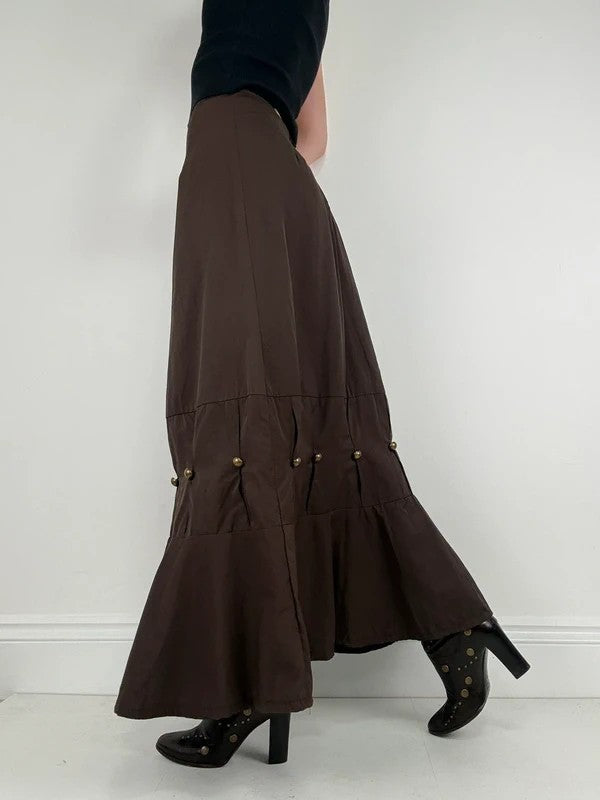 brown flared studded pleated maxi skirt