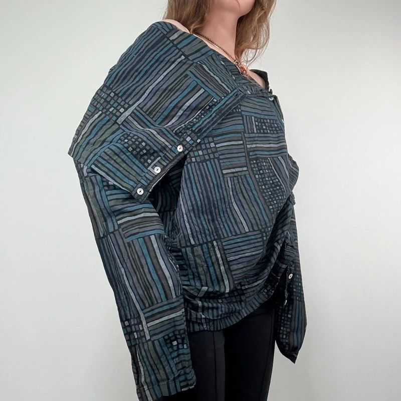Asymmetric fold over draped checked pinstripe Shirt