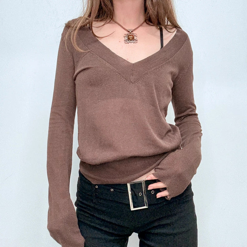brown sheer knit slouchy off the shoulder jumper
