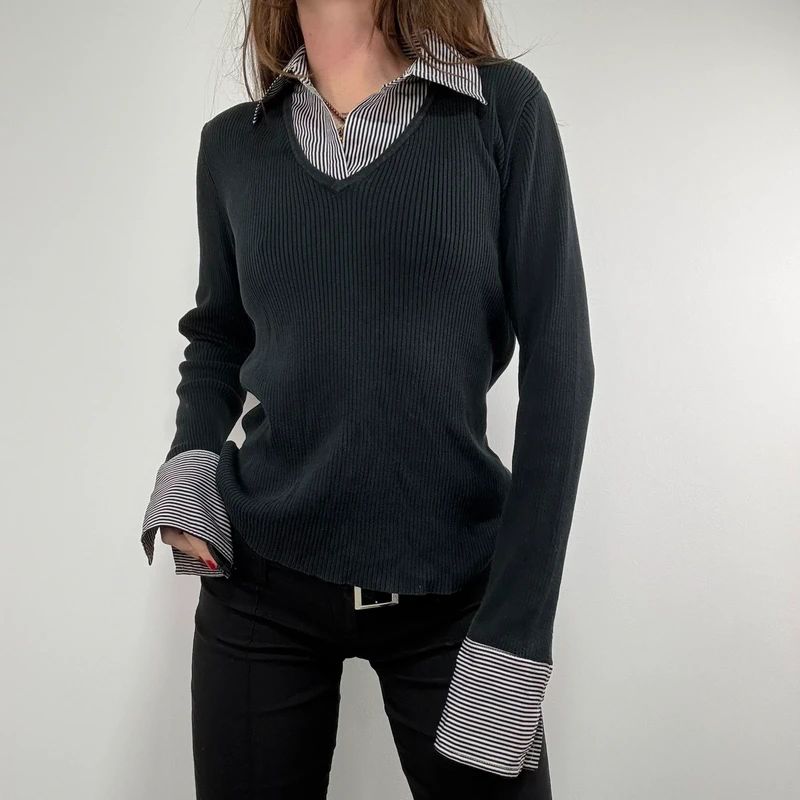 black ribbed knit layered shirt jumper