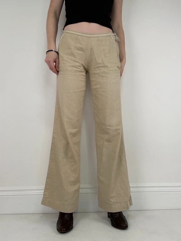 low rise tie waist linen flared trousers