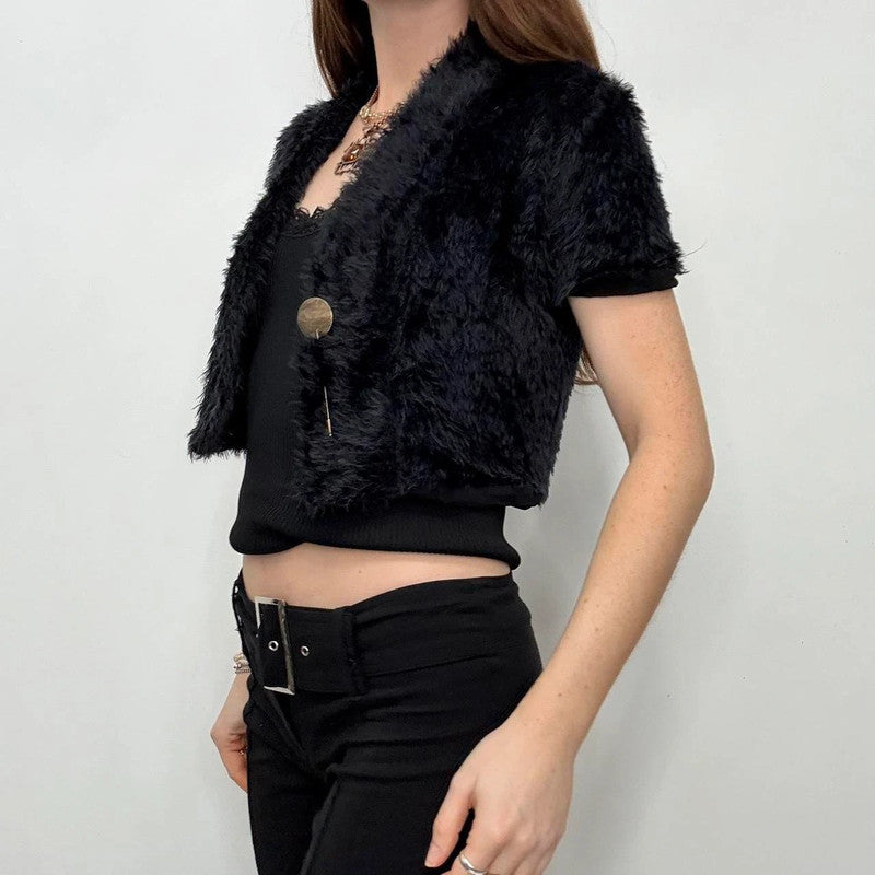 cropped black faux fur cardigan