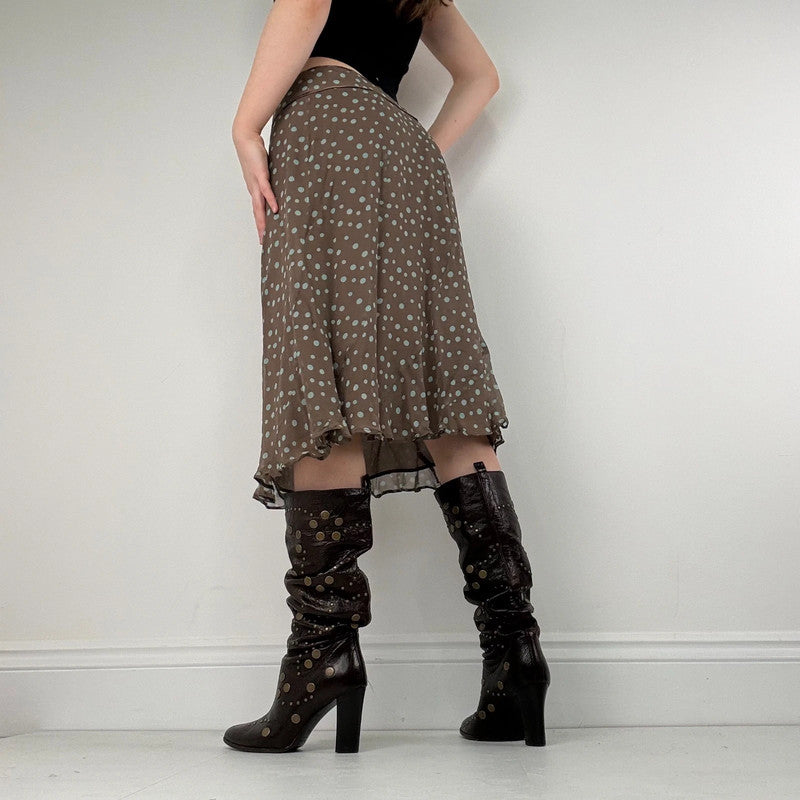 polkadot brown silk flared bias cut midi skirt