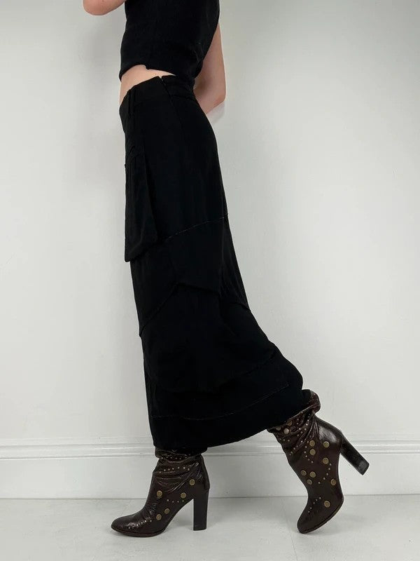 Black layered french flared asymmetric maxi skirt