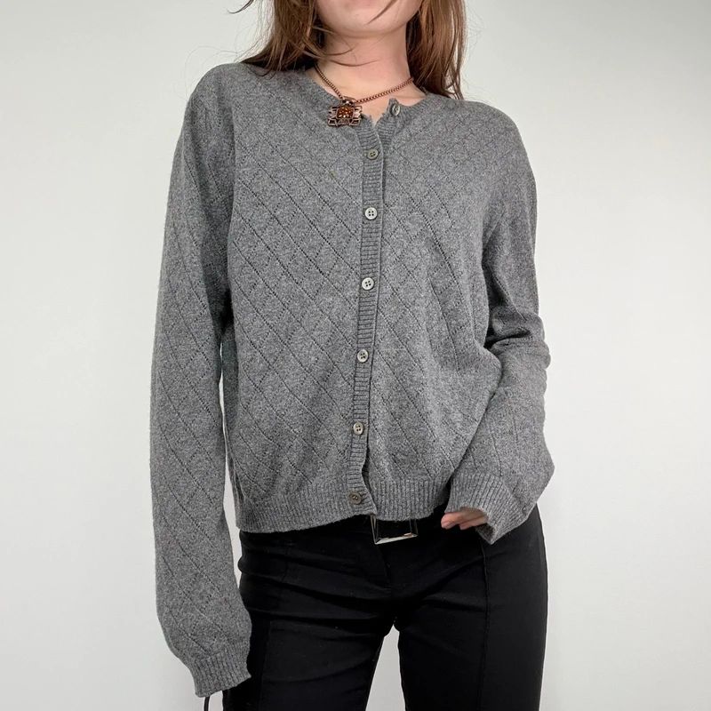 grey wool knitted pointelle cardigan