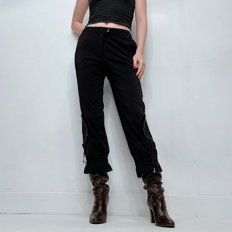 black grunge gothic cinched style ruffle capri pants