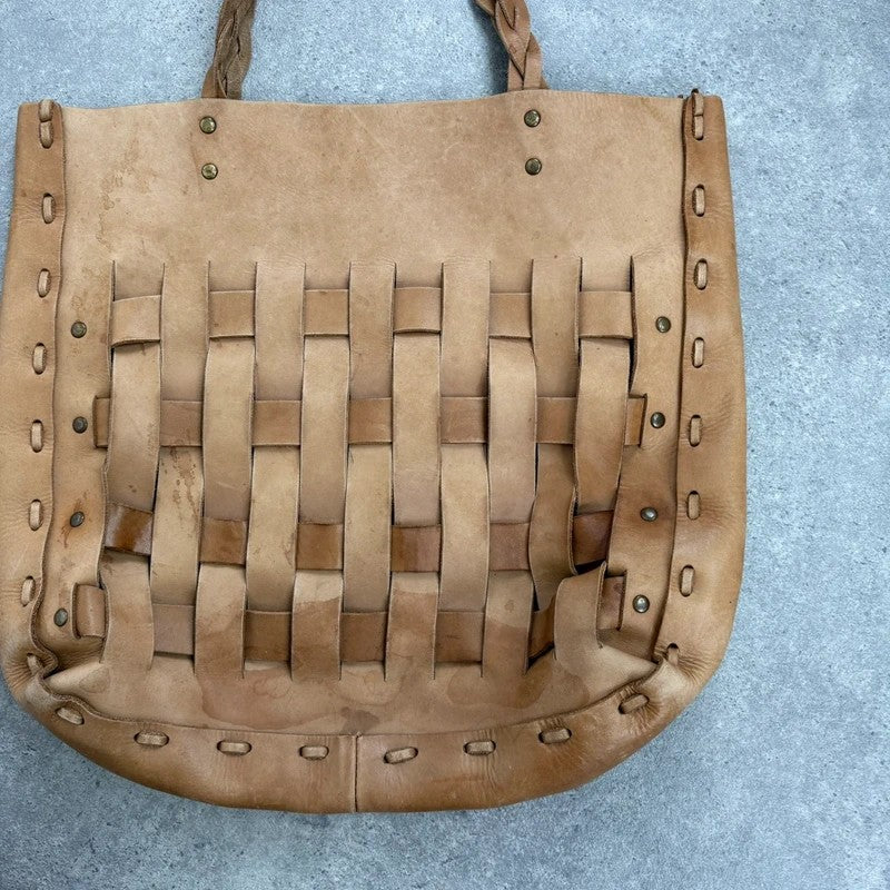 Beige leather woven distressed shoulder bag