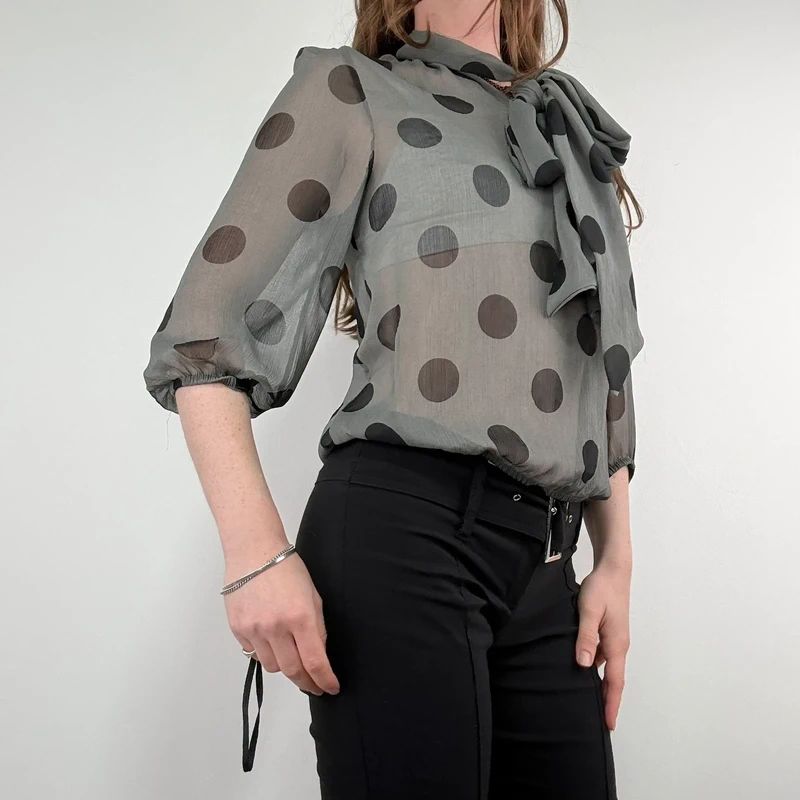 grey polkadot bow blouse