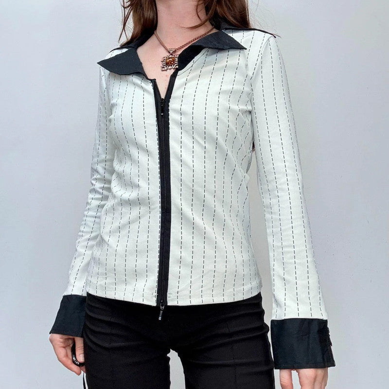 pinstripe officecore zipper flare shirt