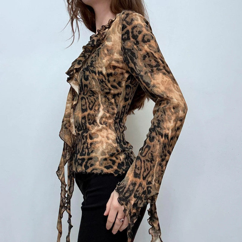 flutter ruffle flared leopard blouse