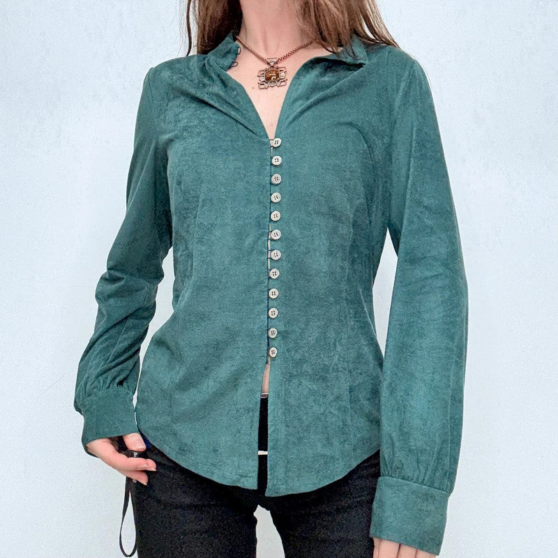 green fitted button flared shirt