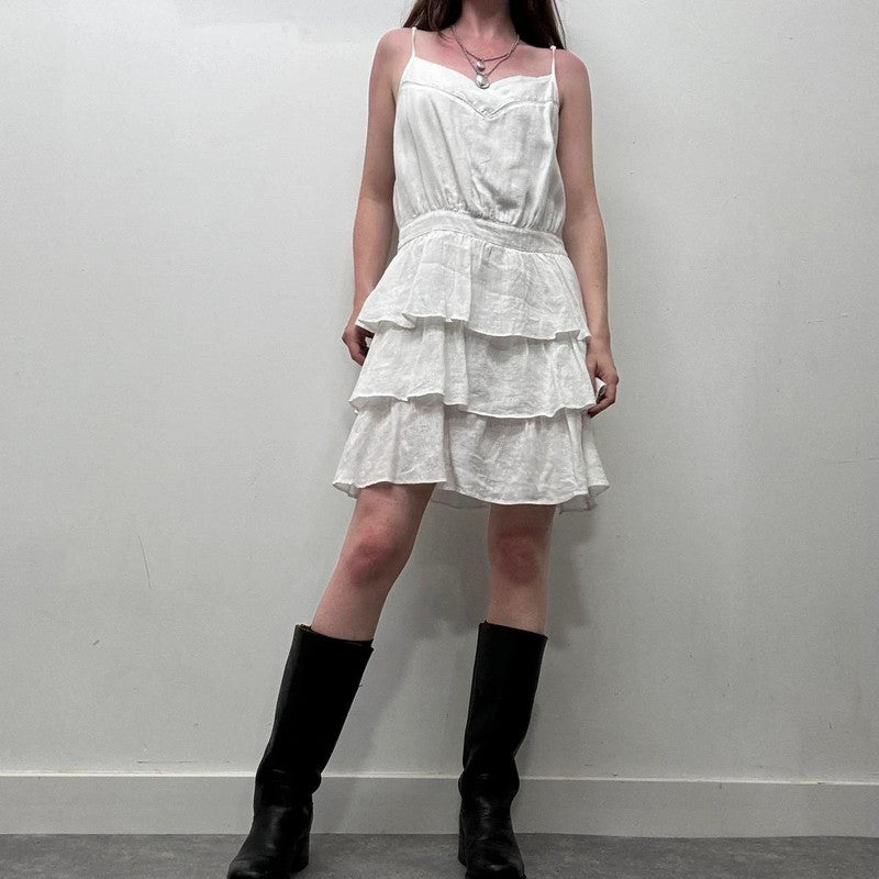 white linen ruffle dress
