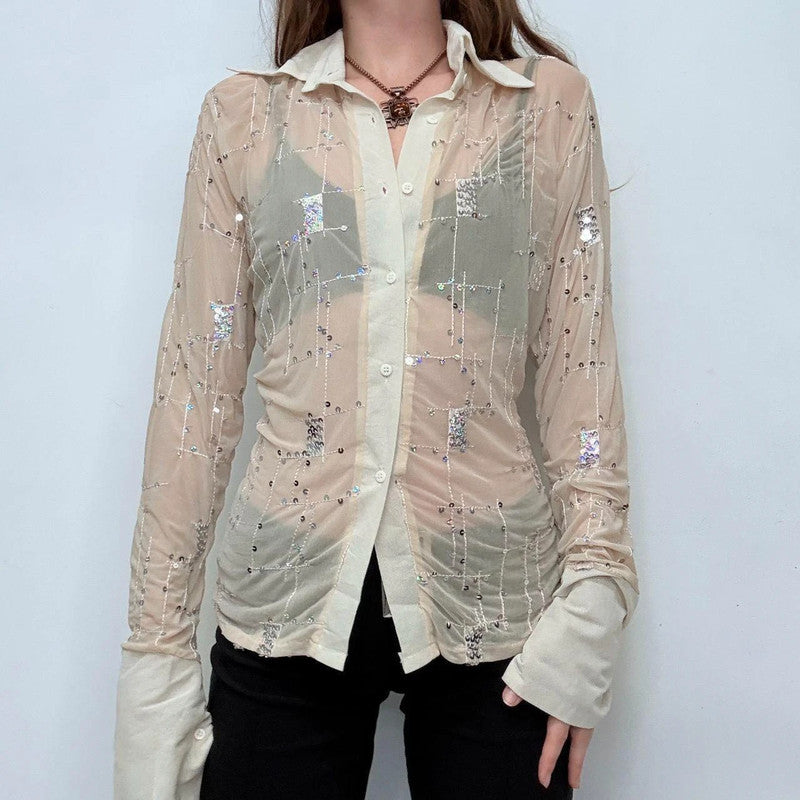 sheer mesh flared embroidered shirt