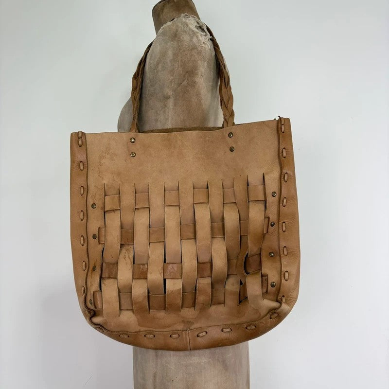 Beige leather woven distressed shoulder bag