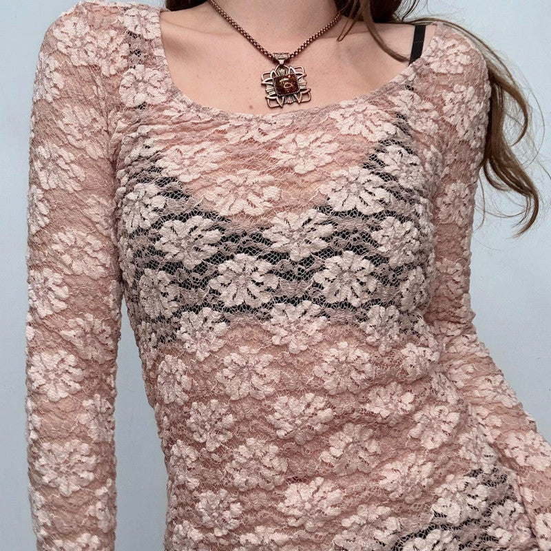 pink lace floral long sleeve top