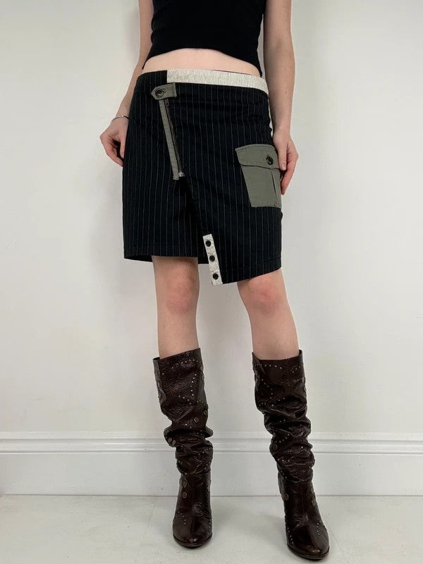 asymmetric deconstructed black pinstripe midi skirt