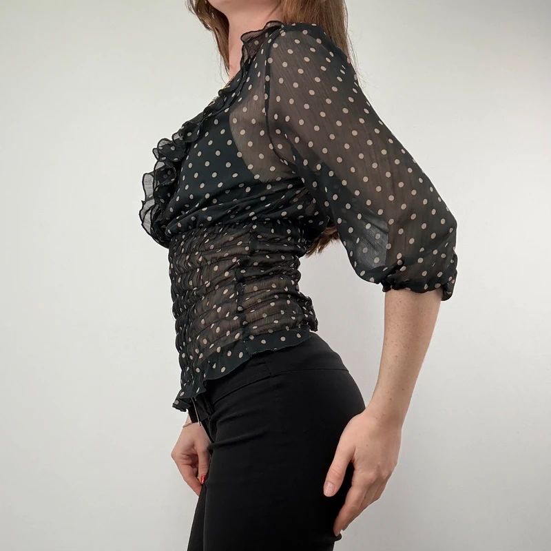 sheer black polkadot cinched shirt