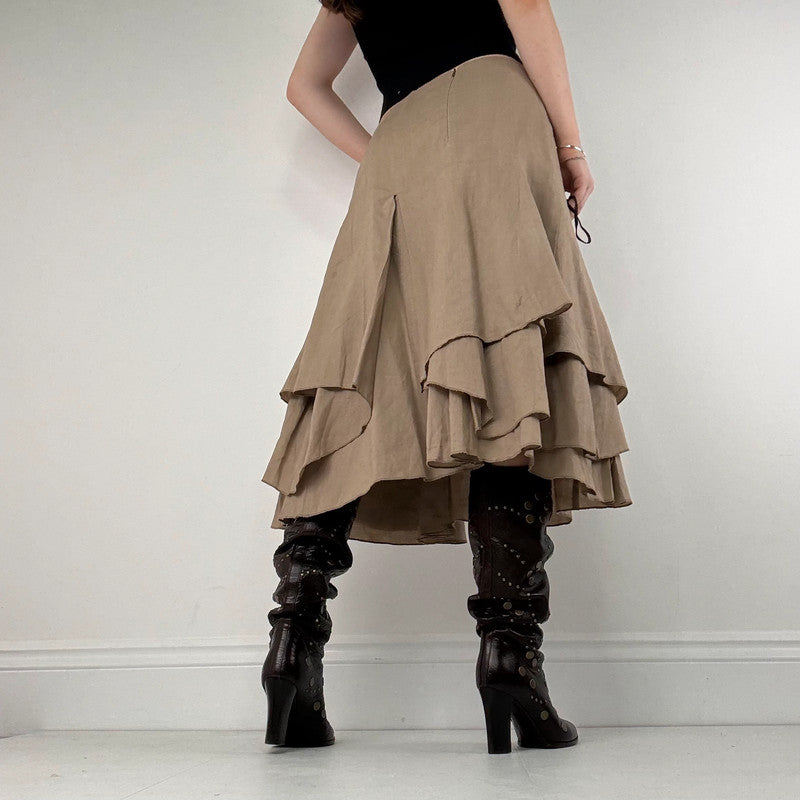 tan linen pleated asymmetric midi skirt