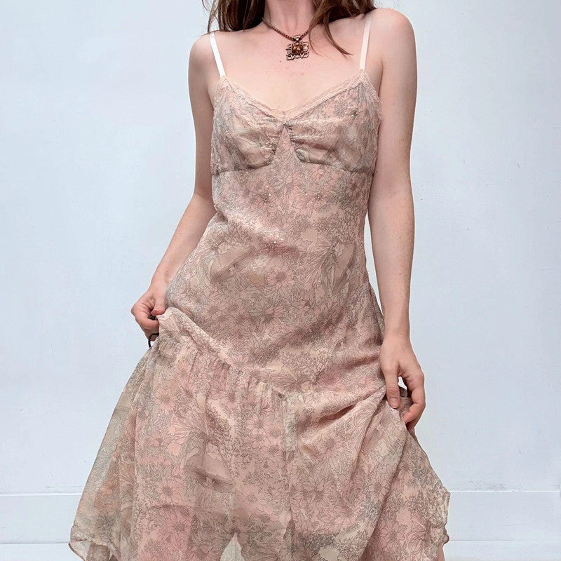 pink silk bias cut floral dress