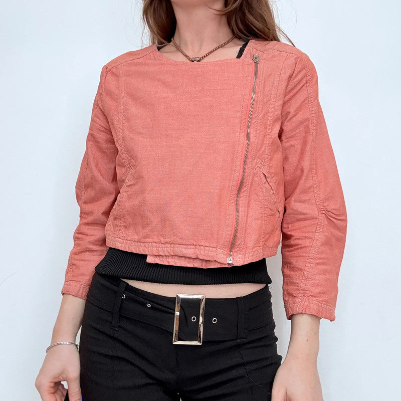 red linen cropped asymmetric jacket