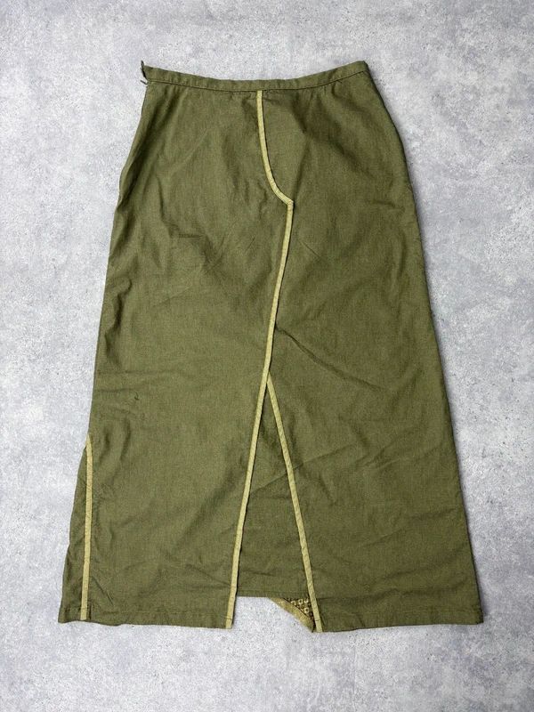 asymmetric khaki maxi skirt