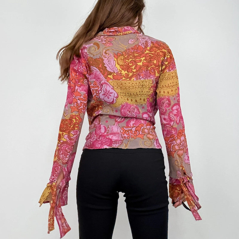 pink and brown floral printed flared shirt